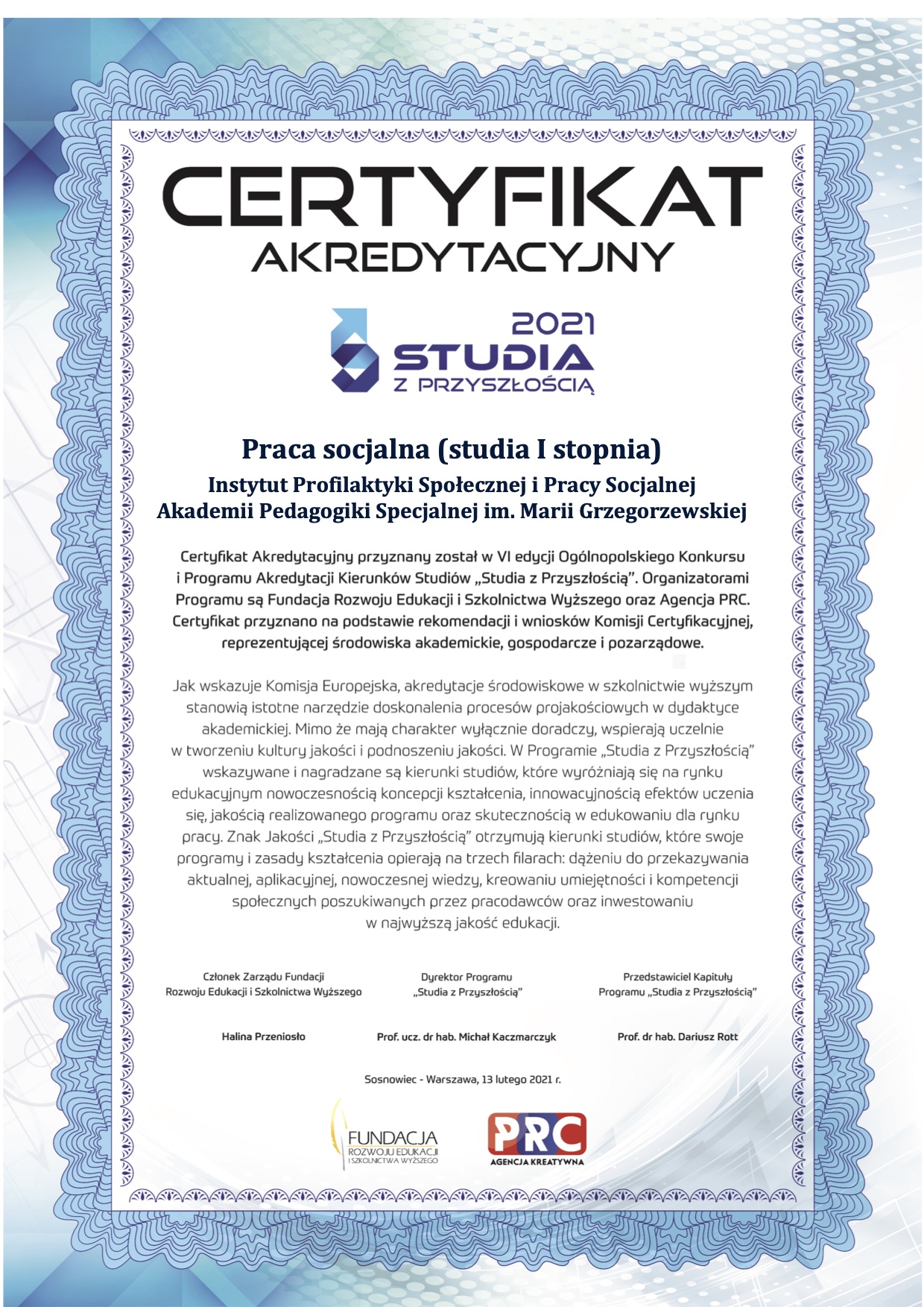 Certyfikat Studia z przyszłością dla kierunku praca socjalna