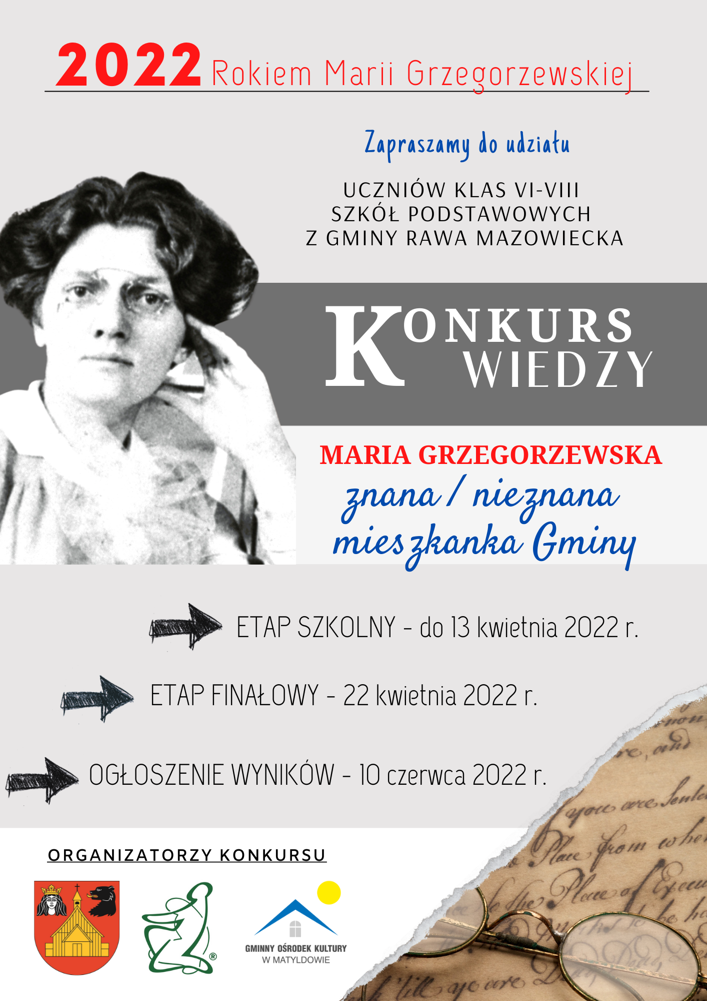 Plakat konkursu wiedzy o Marii Grzegorzewskiej