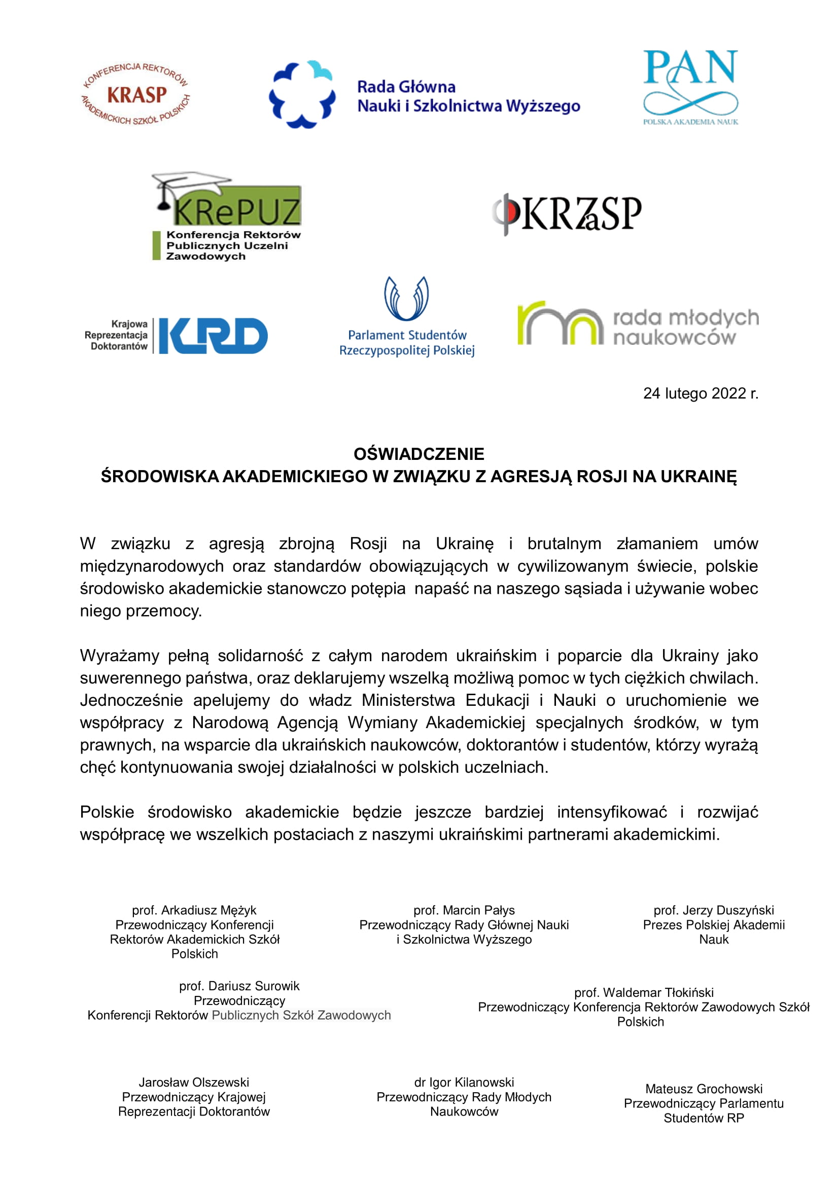 Oświadczenie polskiego środowiska akademickiego w sprawie agresji Rosji na Ukrainę